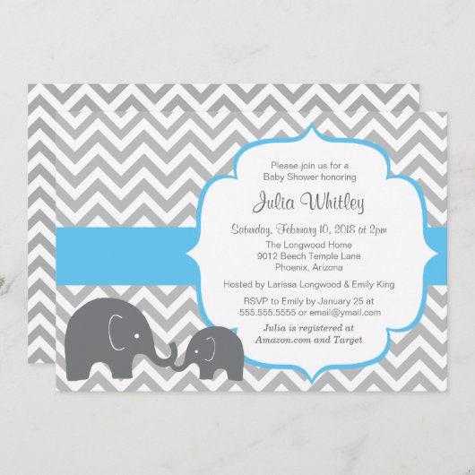 リトルエレファントシェブロン編集可能カラーベビーシャワー 招待状 (正面/裏面)