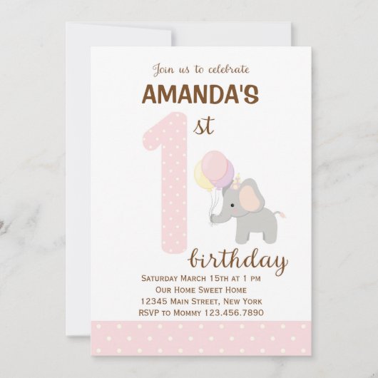 リトルエレファントファースト誕生日招待状(ピンク) 招待状 (正面)