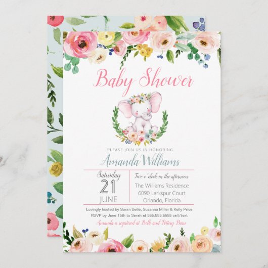 リトルエレファント春夏花赤ちゃんシャワー 招待状 (正面/裏面)