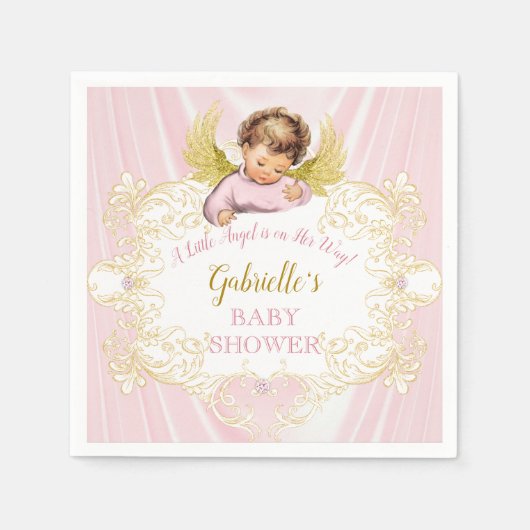 リトルエンジェルオンザウェイピンク金ゴールドガールウィング スタンダードカクテルナプキン (正面)