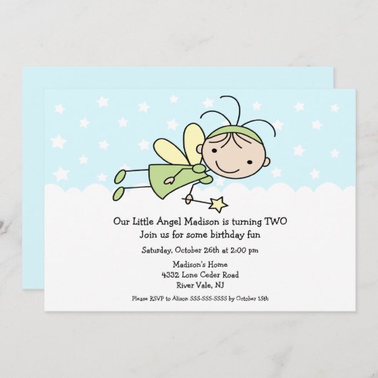 リトルエンジェルスティックフィギュア誕生日招待状 招待状 (正面/裏面)