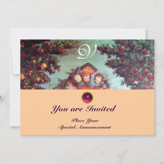 リトルエンジェルス モノグラム ブライト アンティーク ブルー ピンク 招待状 (正面)