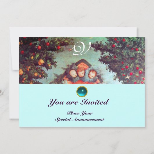 リトルエンジェル モノグラム 輝くアンティークブルーと赤 招待状 (正面)