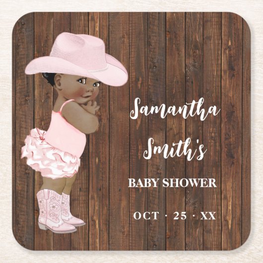 リトルオウム女性のカーボーイウェスタンベビーシャワーパーティーデコール スクエアペーパーコースター (正面)