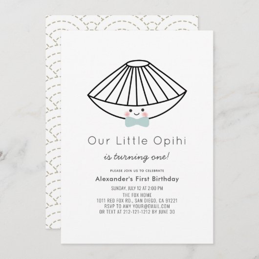 リトルオピヒブルーボウタイボーイボーイ1歳の誕生日 招待状 (正面/裏面)
