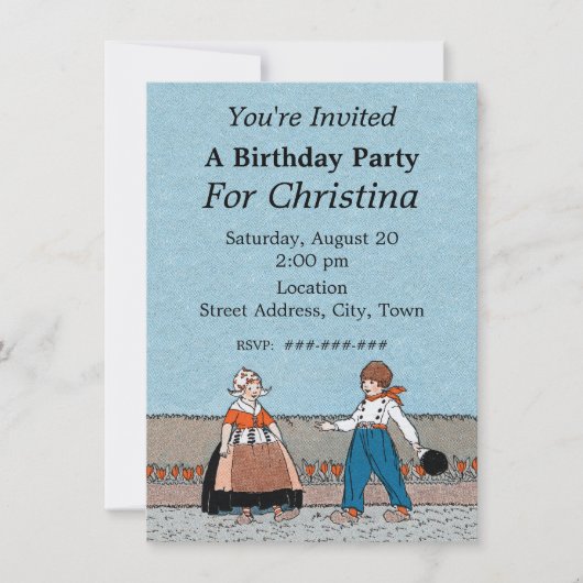 リトルオランダガールボーイ伝統的ドレス誕生日 招待状 (正面)