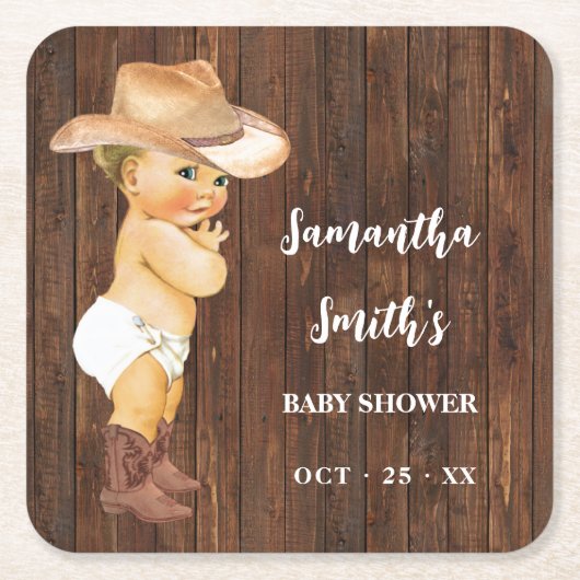 リトルカウボーイウェスタンベビーシャワーパーティーデコール スクエアペーパーコースター (正面)