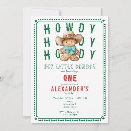リトルカウボーイジンジャーブレッドクリスマス 誕生日おめでとう  招待状 (正面)
