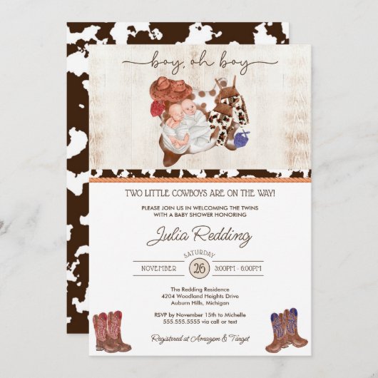 リトルカウボーイツインボーイズウェスタンベビーシャワー 招待状 (正面/裏面)