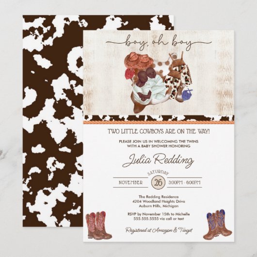 リトルカウボーイツインボーイズウェスタンV3ベビーシャワーInv 招待状 (正面/裏面)