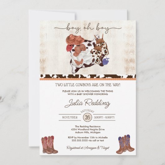 リトルカウボーイツインボーイズ西部V3ベビーシャワー 招待状 (正面)
