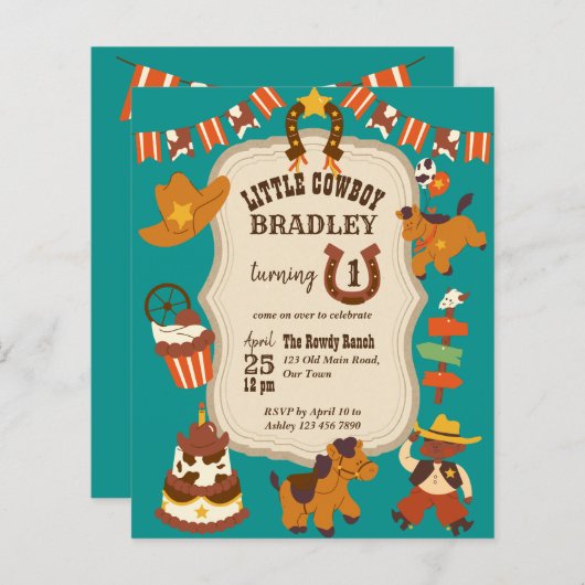 リトルカウボーイ子供の誕生日パーティー予算招待状 (正面/裏面)
