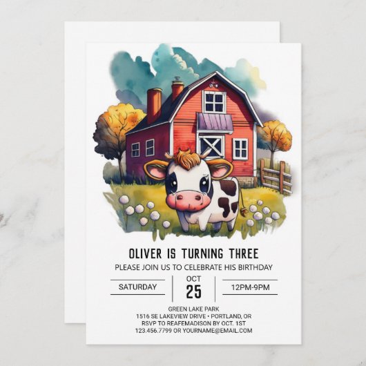 リトルカウワンダーランド子供の誕生日 招待状 (正面/裏面)