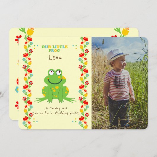 リトルカエルベビーの最初の誕生日パーティーの写真 招待状 (正面/裏面)