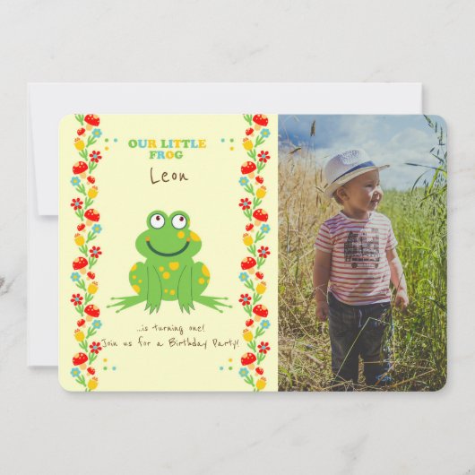リトルカエルベビーの最初の誕生日パーティーの写真 招待状 (正面)