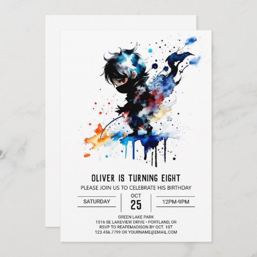 リトルカスタム忍者ボーイデジタル誕生日 招待状 (正面/裏面)