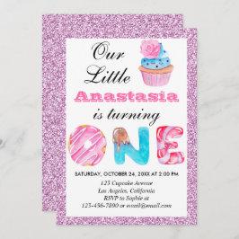 リトルカップケーキピンク薄紫グリッター1stバースデーワン 招待状