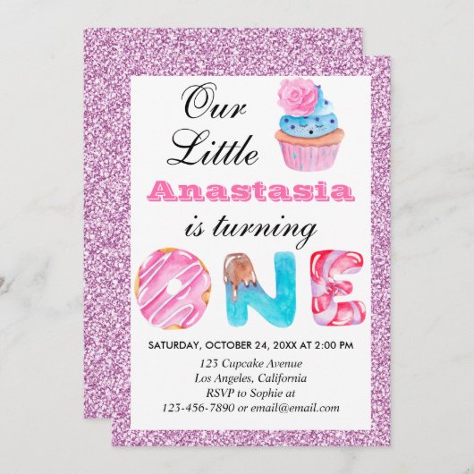 リトルカップケーキピンク薄紫グリッター1stバースデーワン 招待状 (正面/裏面)