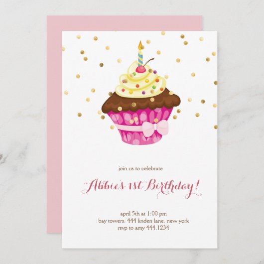 リトルカップケーキファースト誕生日招待状 招待状 (正面/裏面)