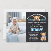 リトルカブターニングワンブルーテディベア誕生日 招待状 (正面)