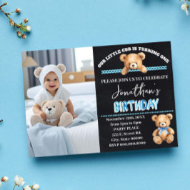 リトルカブターニングワンブルーテディベア誕生日 招待状