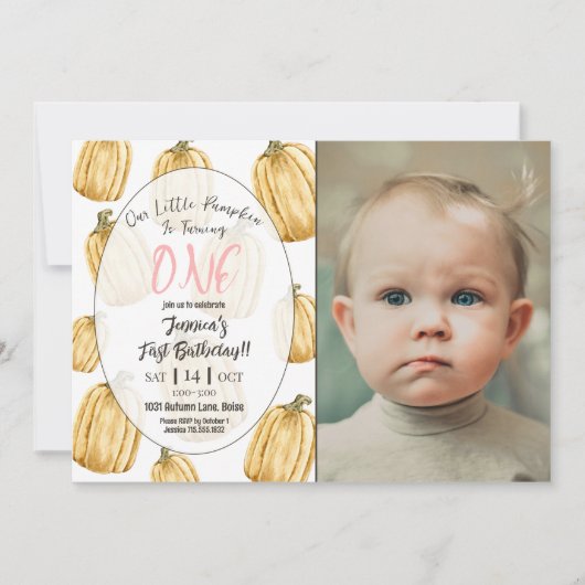 リトルカボキンガールズピンク秋誕生日写真 招待状 (正面)