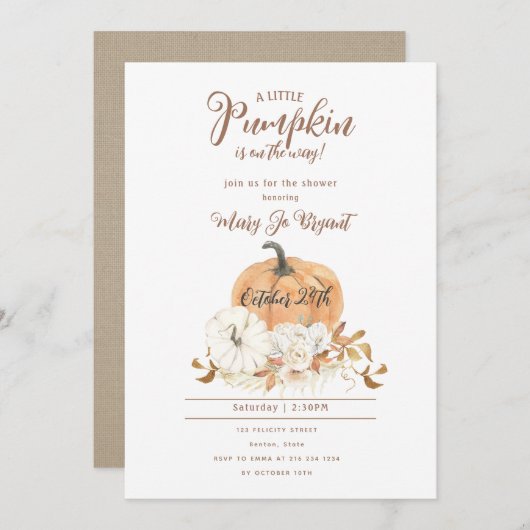 リトルカボキンリネン&ホワイトカボキンベビーシャワー 招待状 (正面/裏面)