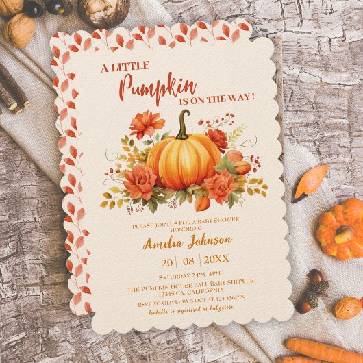 リトルカボチャが途中にある秋ベビーシャワー 招待状