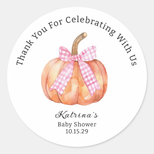 リトルカボチャが途中ピンクボウ赤ちゃんシャワー ラウンドシール (正面)