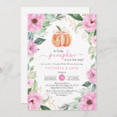 リトルカボチャのピンクの花の葉秋赤ちゃんシャワー 招待状 (正面/裏面)