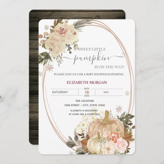 リトルカボチャのフレーム花ウッドベビーシャワー 招待状 (正面/裏面)