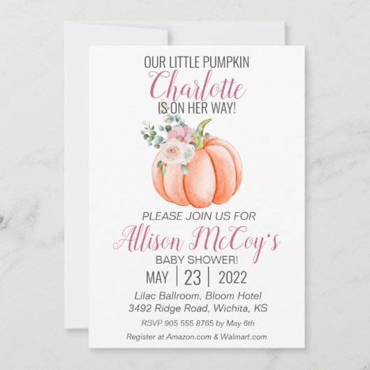 リトルカボチャの彼女の方法ピンクのフローラ赤ちゃんシャワー 招待状 (正面)