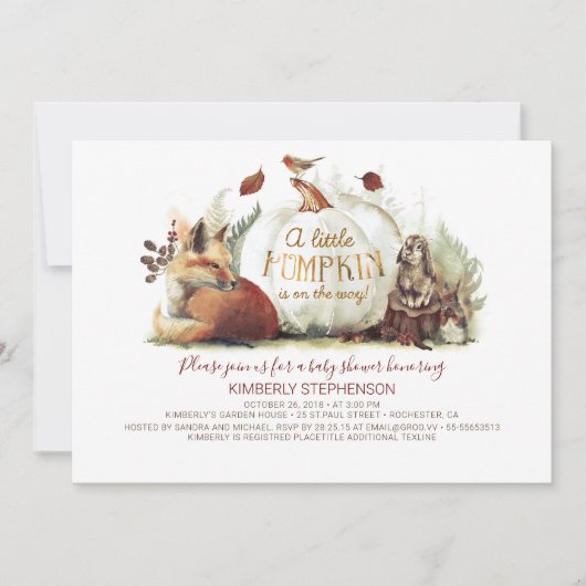 リトルカボチャの森の動物秋赤ちゃんシャワー 招待状 (正面)
