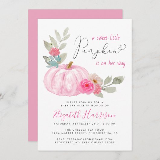 リトルカボチャの水の色ベビーガール散水 招待状 (正面/裏面)