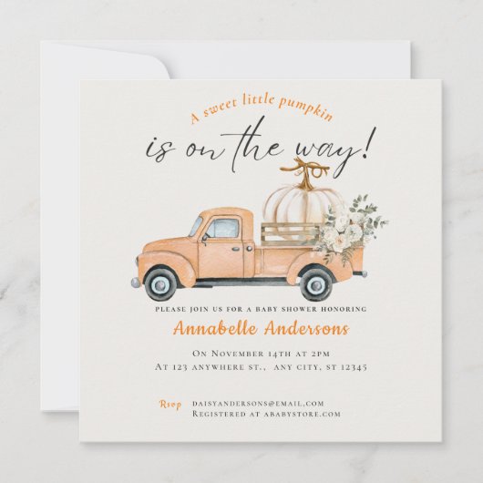 リトルカボチャの水の色ベビーシャワーの招待 招待状 (正面)