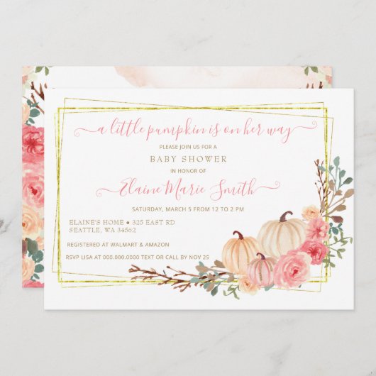 リトルカボチャは彼女の方法ピンクの赤ちゃんシャワーinv 招待状 (正面/裏面)