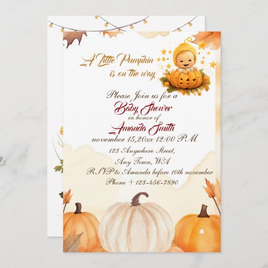 リトルカボチャは秋の赤ちゃんシャワーの途中にある 招待状 (正面/裏面)