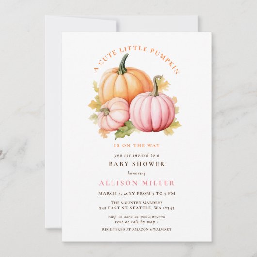 リトルカボチャは途中にある秋女の子の赤ちゃんシャワー 招待状 (正面)