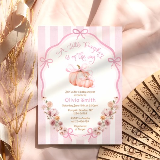 リトルカボチャエレガント弓フローラピンク赤ちゃんシャワー 招待状