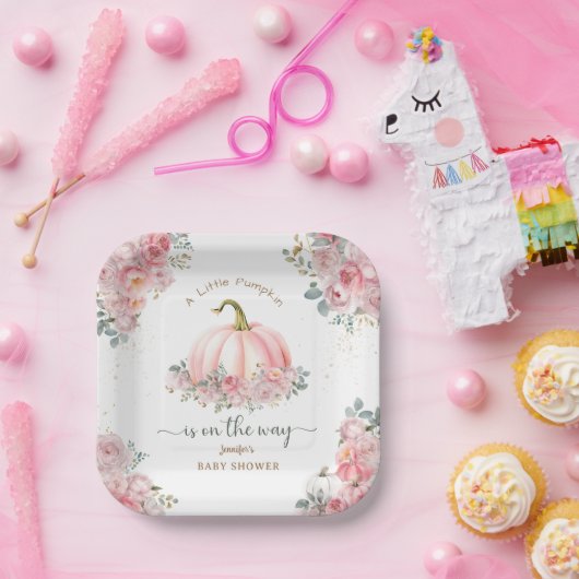 リトルカボチャオンザウェイピンク秋赤ちゃんシャワー ペーパープレート (パーティー)
