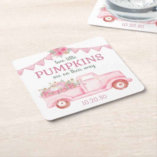 リトルカボチャツインガールベビーシャワー スクエアペーパーコースター (アングル)