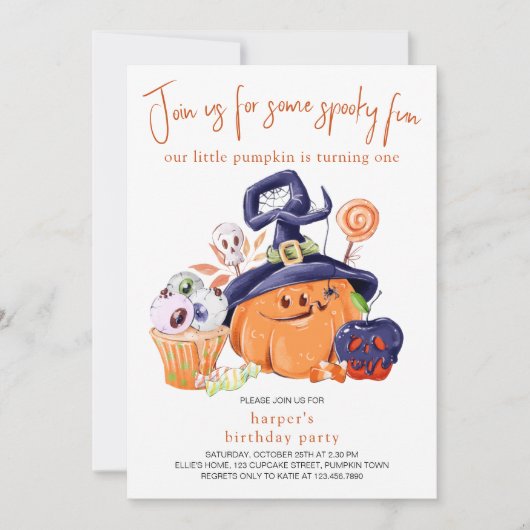 リトルカボチャハローウィンパーティフード1st誕生日 招待状 (正面)