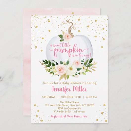 リトルカボチャピンクフローラベビーシャワー 招待状 (正面/裏面)