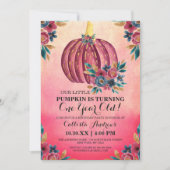 リトルカボチャピンクフローラ水彩1st誕生日 招待状 (正面)