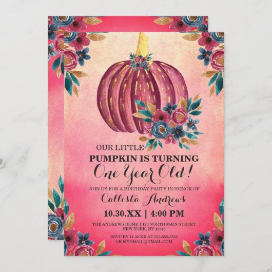リトルカボチャピンクフローラ水彩1st誕生日 招待状 (正面/裏面)