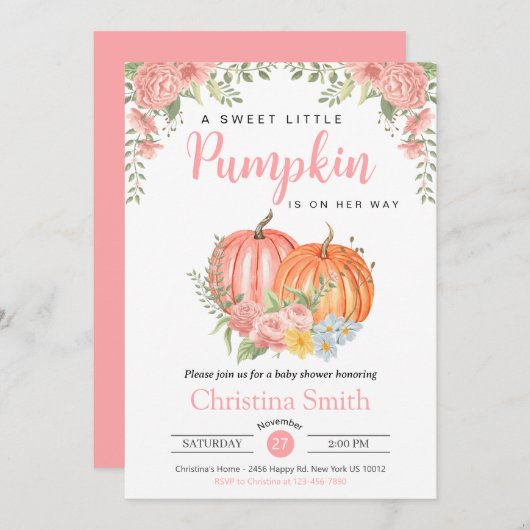 リトルカボチャピンクベビーガールシャワーフローラ 招待状 (正面/裏面)