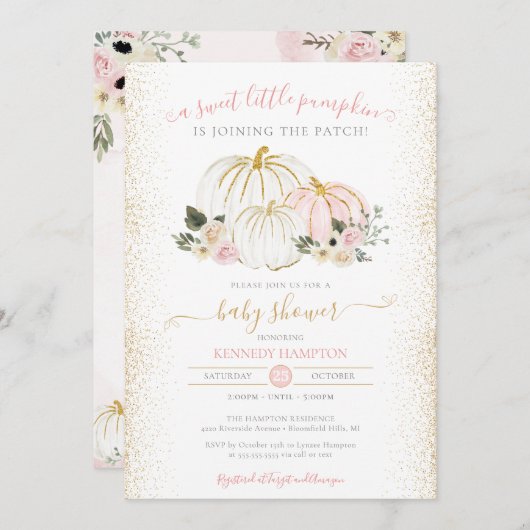 リトルカボチャピンクホワイト金ゴールドガールベビーシャワー 招待状 (正面/裏面)