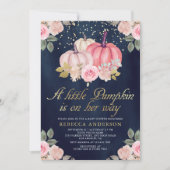 リトルカボチャピンク金ゴールドフローラネイビーベイビーシャワー 招待状 (正面)
