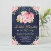 リトルカボチャピンク金ゴールドフローラネイビーベイビーシャワー 招待状 (スタンド正面)