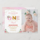 リトルカボチャピンク金ゴールドフローラ1st誕生日フォト 招待状 (正面/裏面)